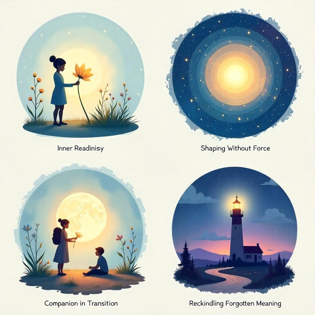 Four orientation illustrations — inner readiness, shaping without force, companion in transition, rekindling forgotten meaning