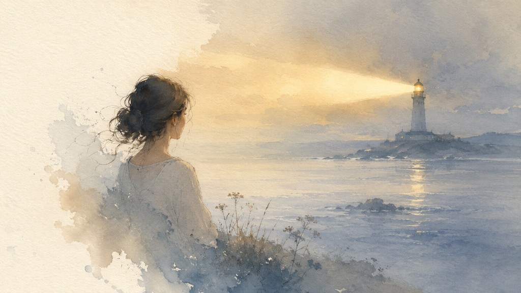 A quiet watercolor figure looking across the sea toward a lighthouse casting warm light through mist.
