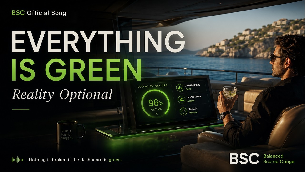 Luxury yacht interior overlooking the Mediterranean with a glowing green BSC dashboard and the title ‘Everything Is Green — Reality Optional.’